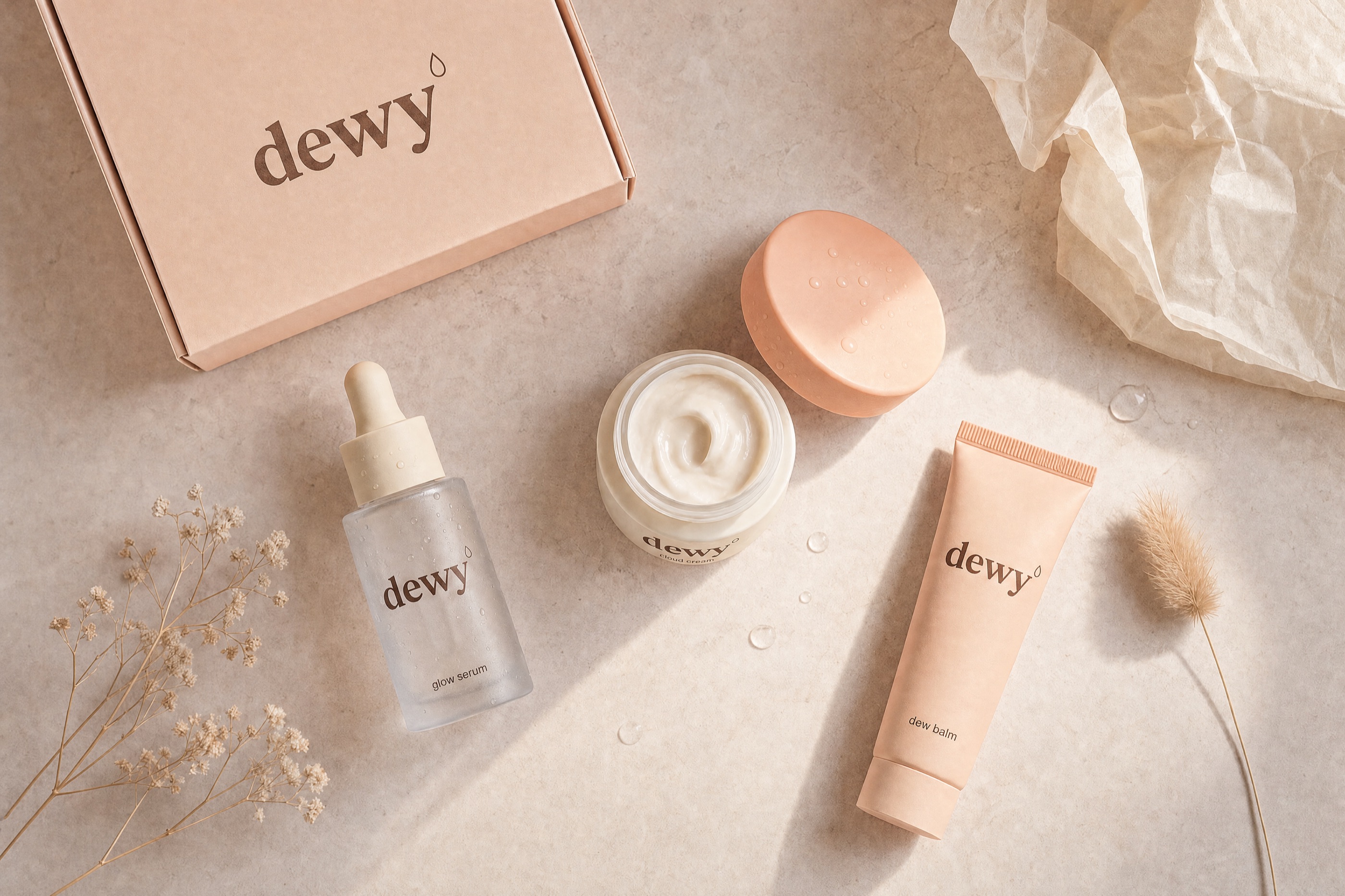 Dewy’s glow serum, cloud cream and dew balm laid out on blush stone from above, beside a Dewy box, tissue paper and dried flowers, in soft morning light.